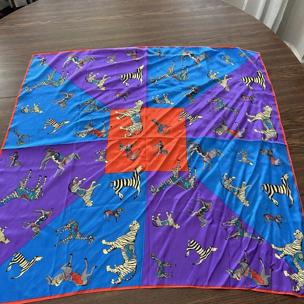 Vintage Elaine Gold Collection 100% Silk Circus Animal Print Scarf 34x34
